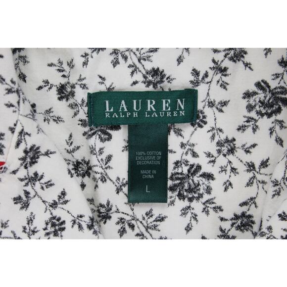 Lauren Ralph Lauren Black Floral White Pajama Shirt L Crest Embroidery Red Trim - Picture 7 of 9